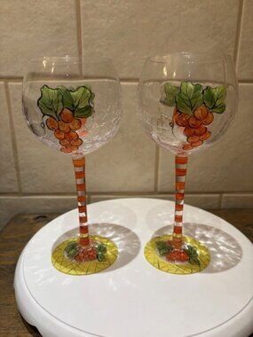 Hand-painted Wine Glasses Orange Grapes Long Stem Glasses Wine set of 2